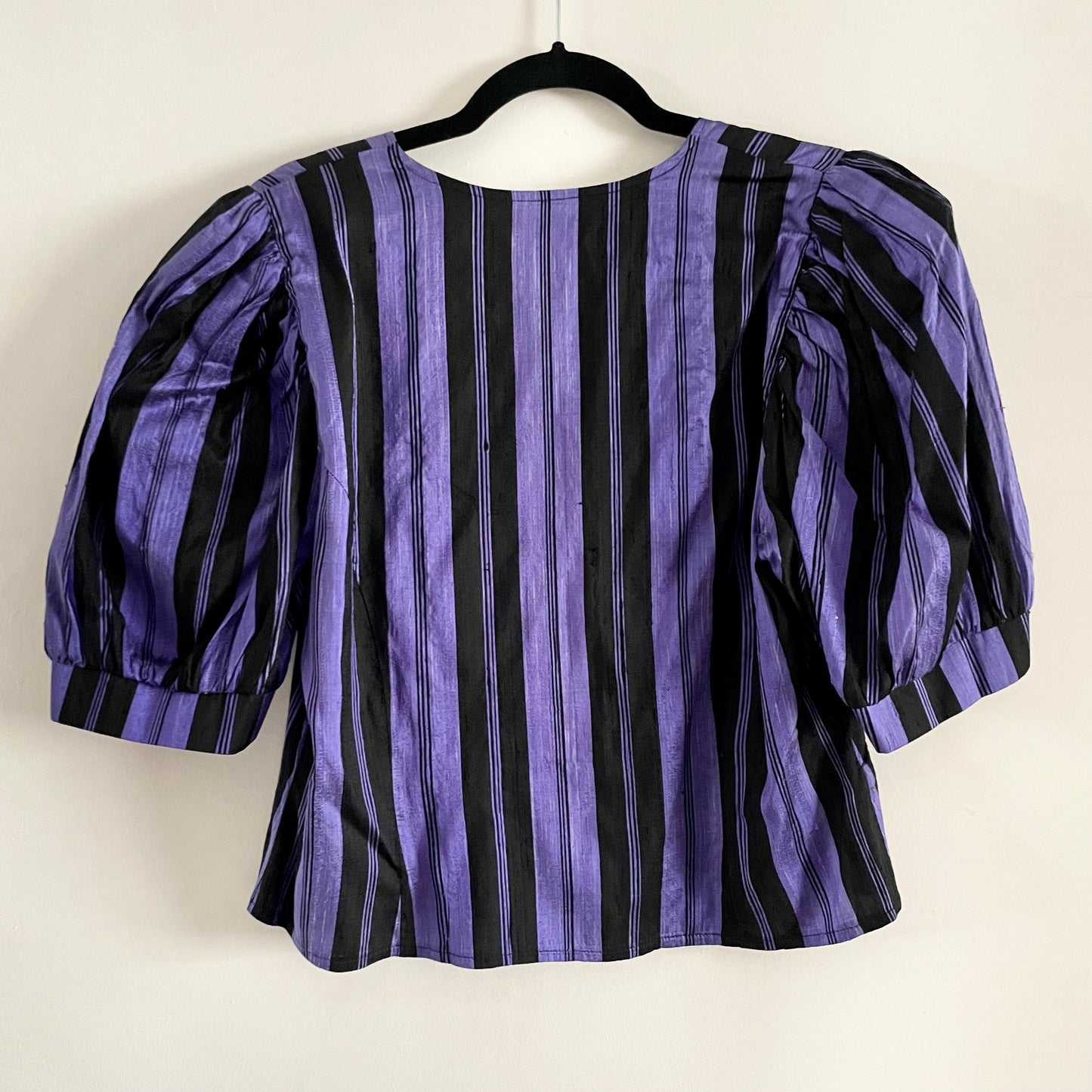 Vintage Marion Donaldson Purple & Black puff sleeve stripe button up top. Pure Silk