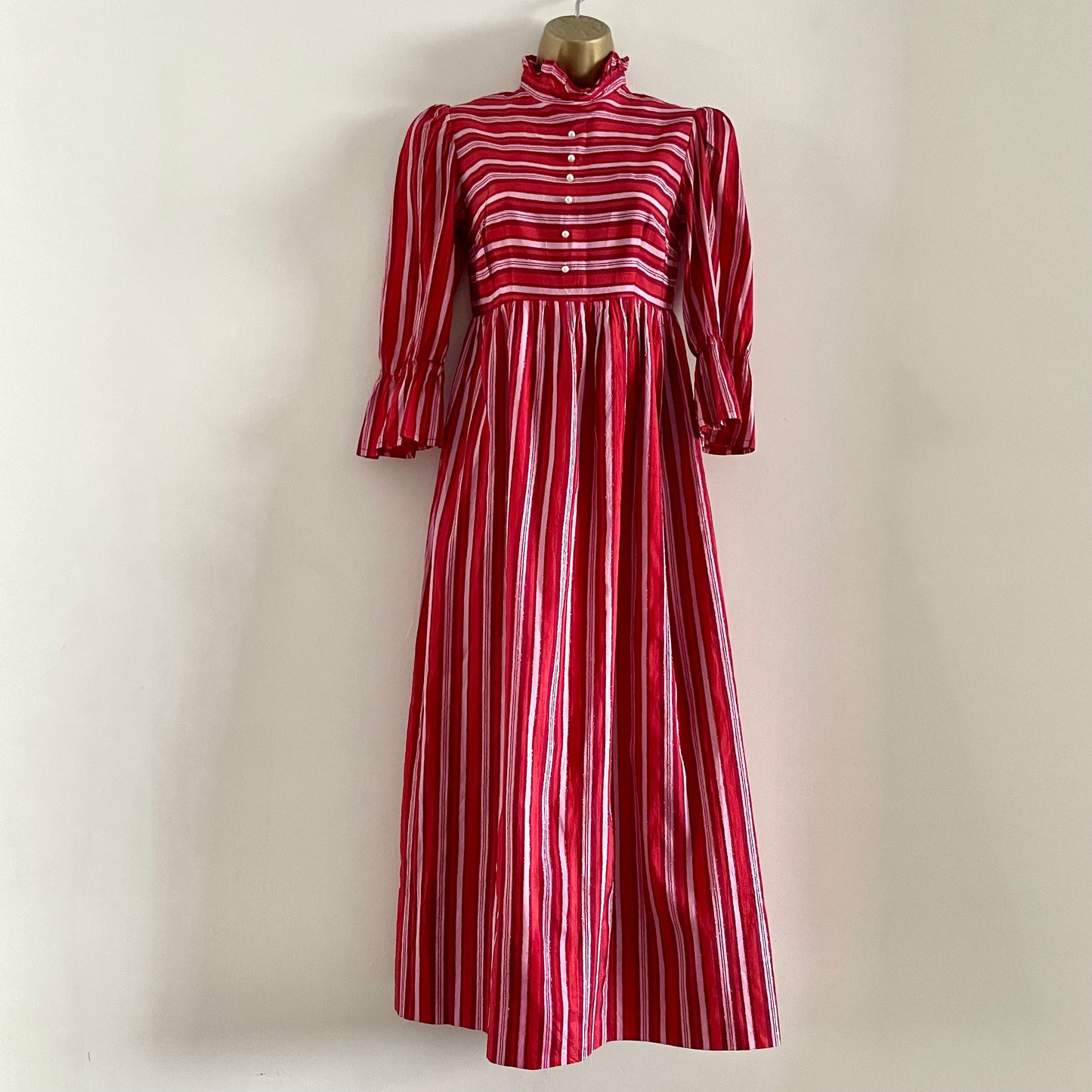 Vintage Marion Donaldson Red and Pink Stripe Dress Made in Scotland. High Neck