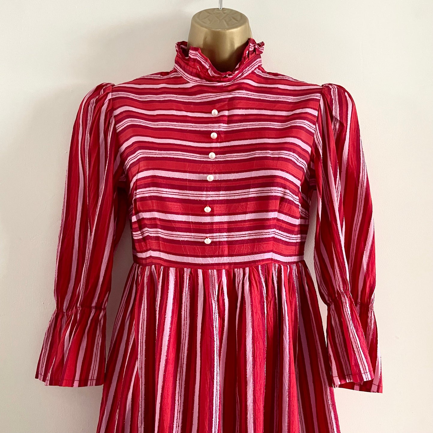 Vintage Marion Donaldson Red and Pink Stripe Dress Made in Scotland. High Neck