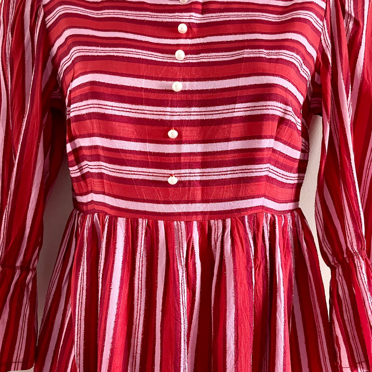 Vintage Marion Donaldson Red and Pink Stripe Dress Made in Scotland. High Neck