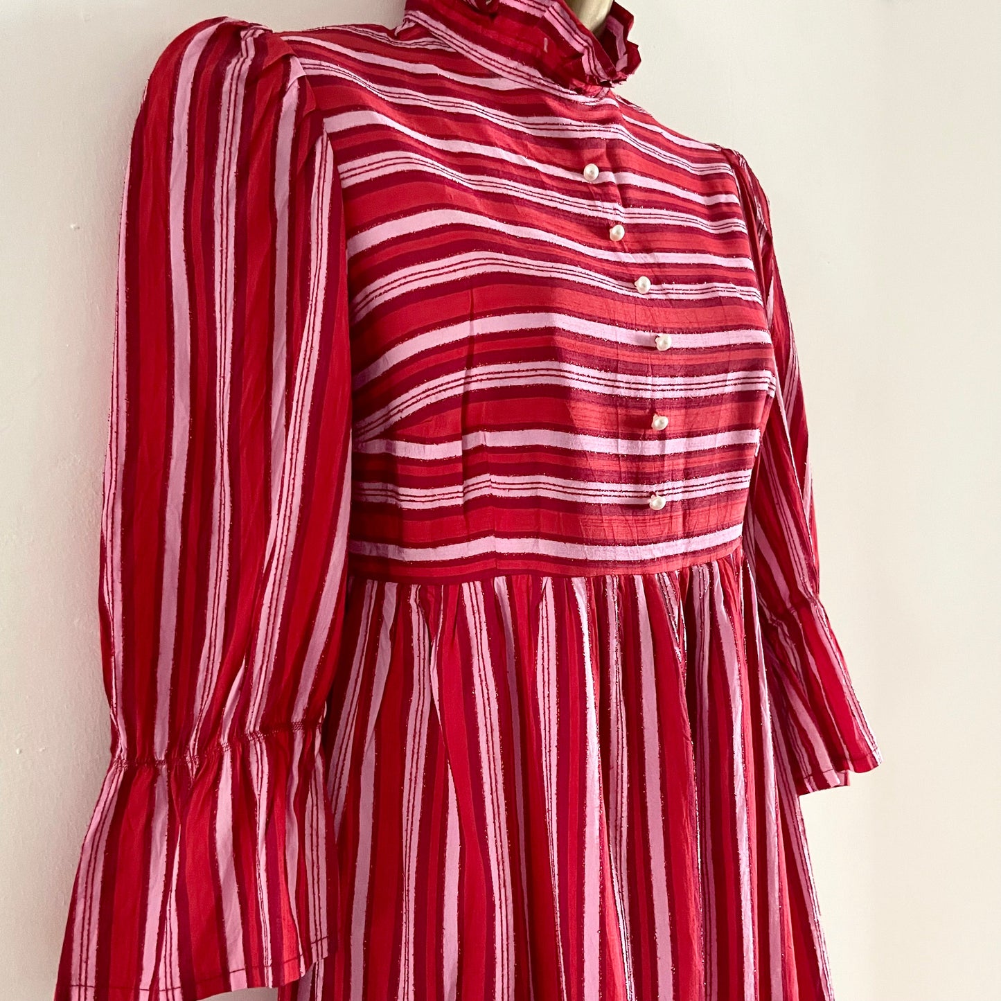 Vintage Marion Donaldson Red and Pink Stripe Dress Made in Scotland. High Neck