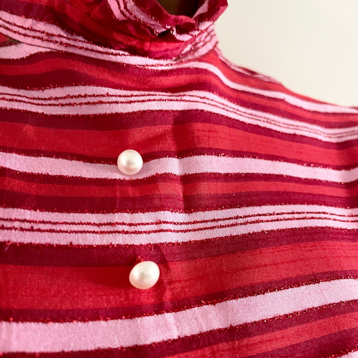 Vintage Marion Donaldson Red and Pink Stripe Dress Made in Scotland. High Neck