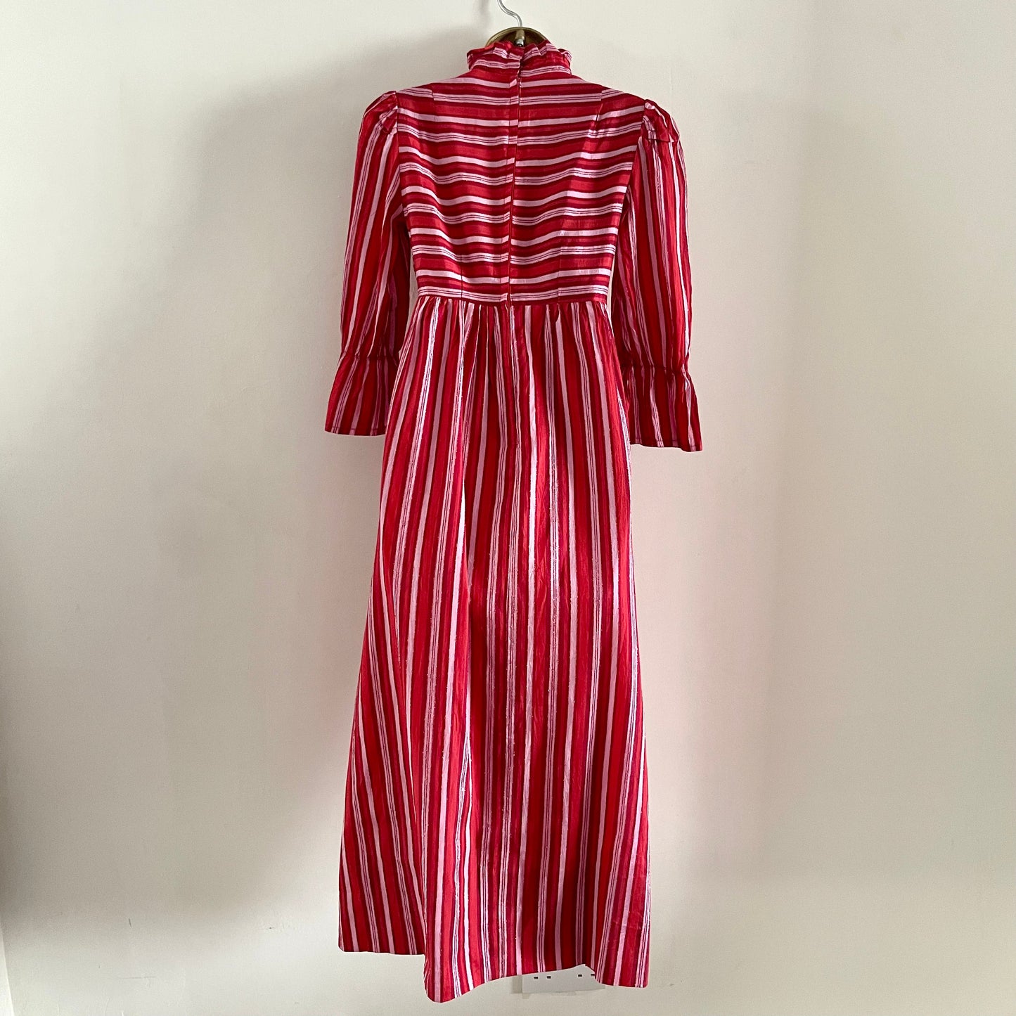 Vintage Marion Donaldson Red and Pink Stripe Dress Made in Scotland. High Neck