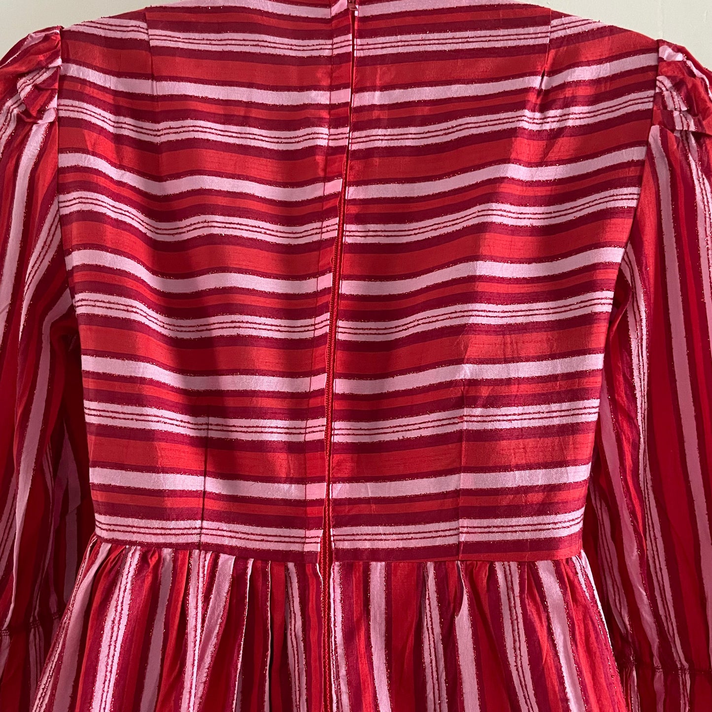 Vintage Marion Donaldson Red and Pink Stripe Dress Made in Scotland. High Neck