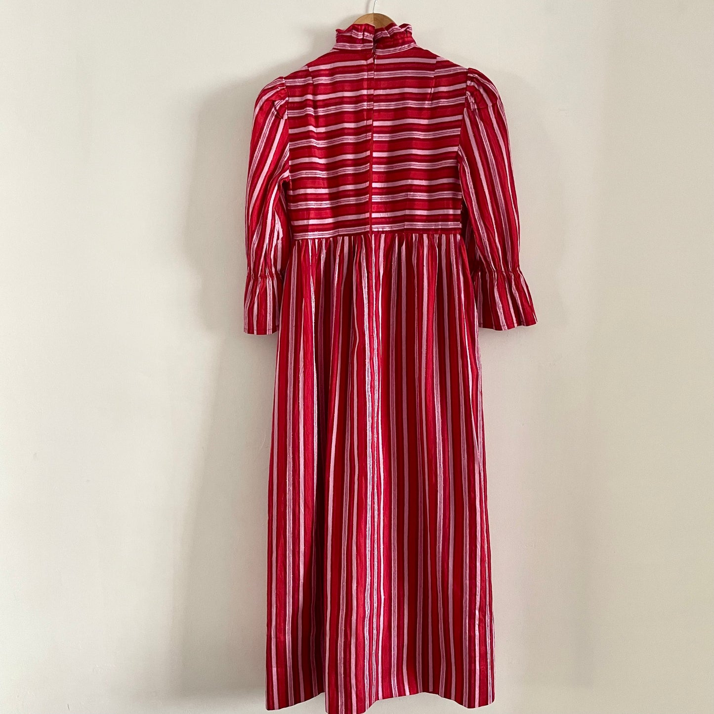 Vintage Marion Donaldson Red and Pink Stripe Dress Made in Scotland. High Neck