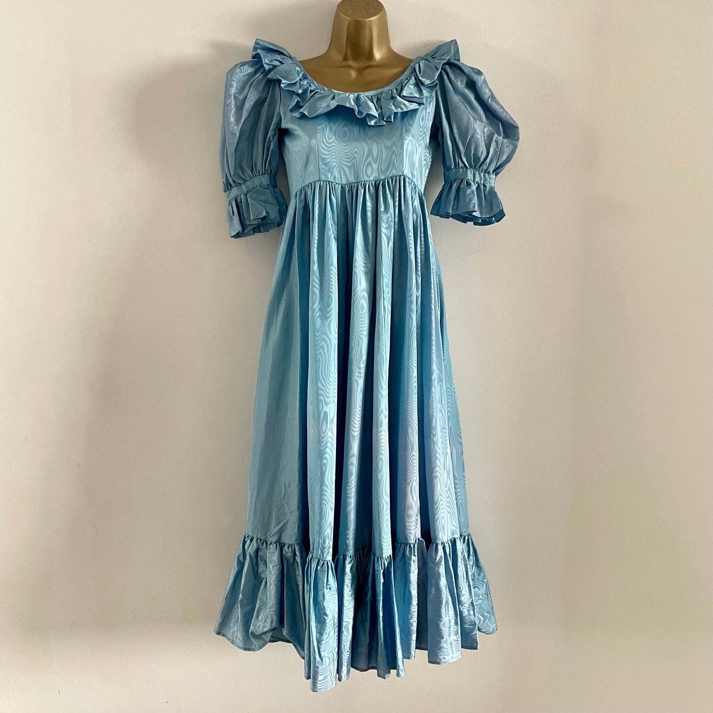 Vintage Blue Handmade Ruffle Blue Cottagecore Metallic Maxi Round Neck Short Sleeve Dress