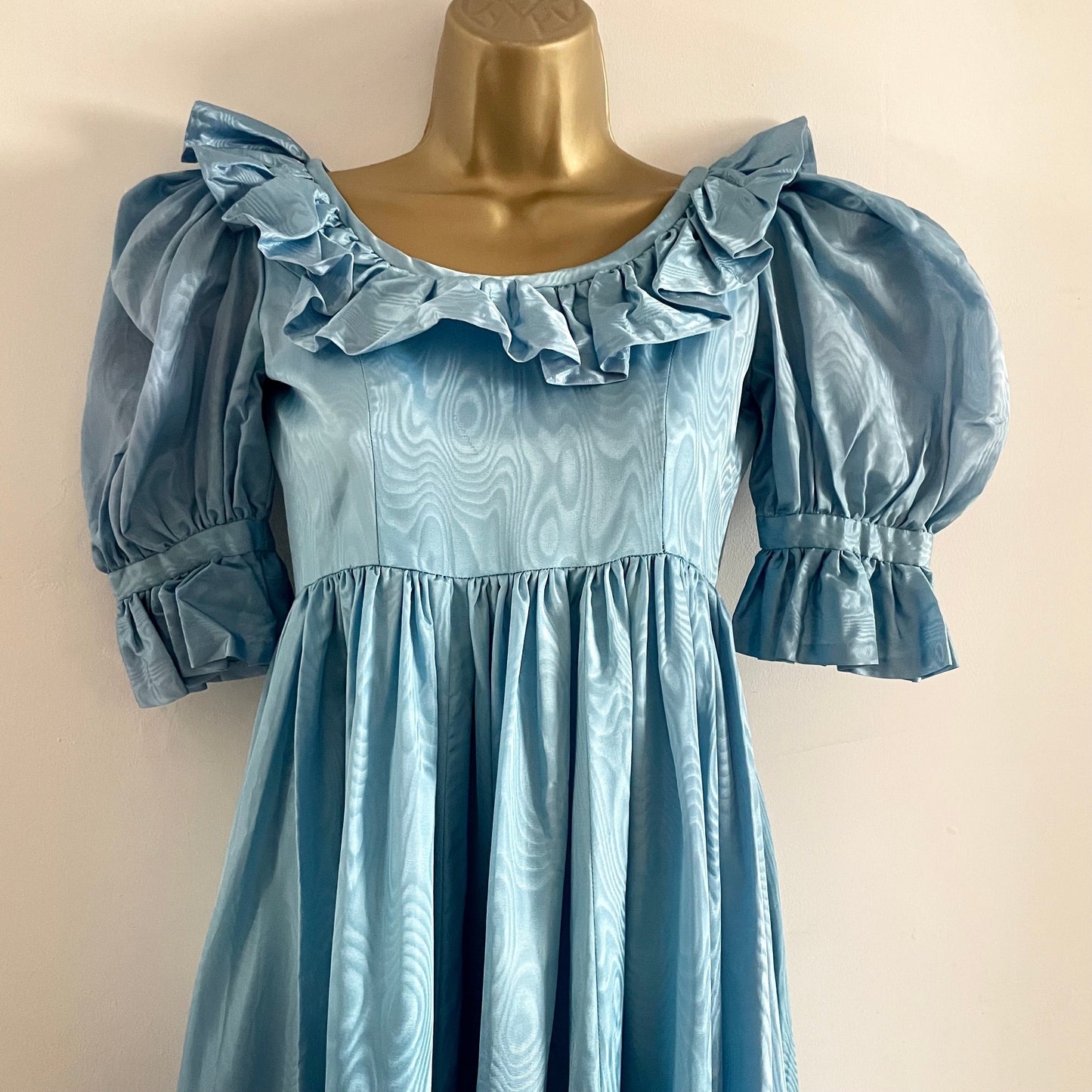 Vintage Blue Handmade Ruffle Blue Cottagecore Metallic Maxi Round Neck Short Sleeve Dress