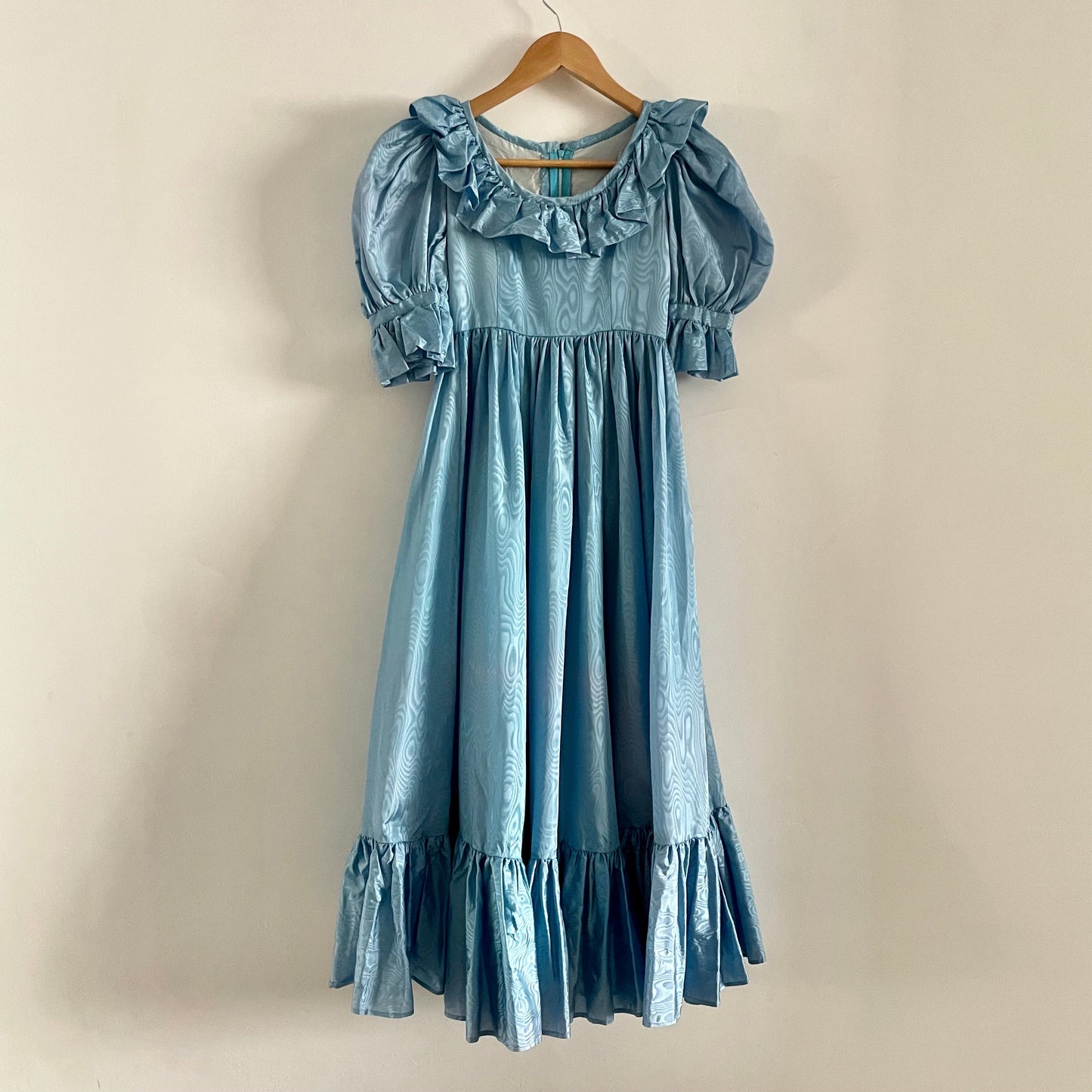 Vintage Blue Handmade Ruffle Blue Cottagecore Metallic Maxi Round Neck Short Sleeve Dress