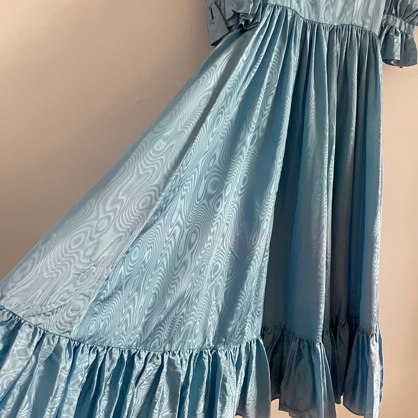 Vintage Blue Handmade Ruffle Blue Cottagecore Metallic Maxi Round Neck Short Sleeve Dress