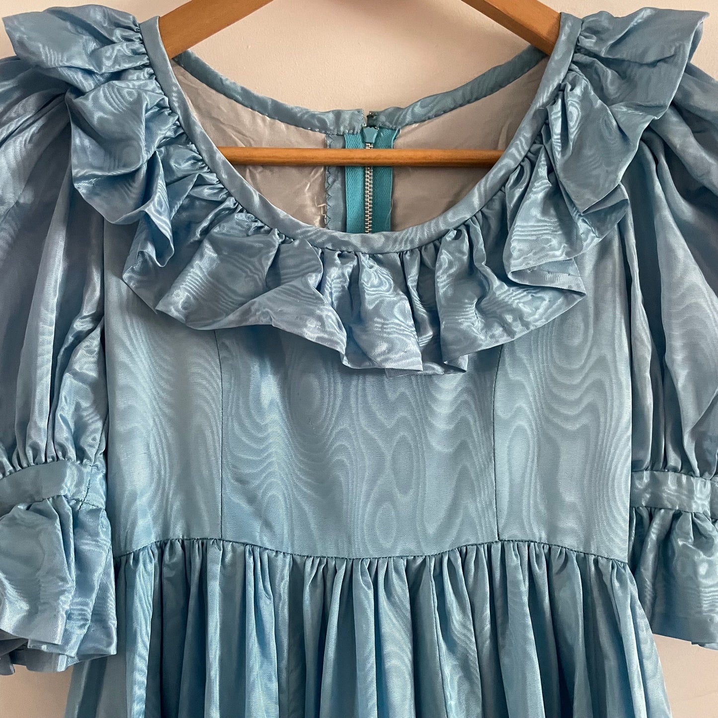 Vintage Blue Handmade Ruffle Blue Cottagecore Metallic Maxi Round Neck Short Sleeve Dress