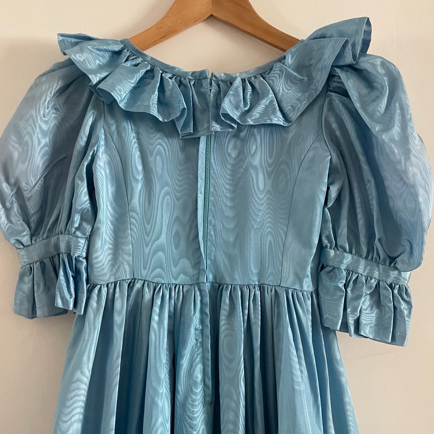 Vintage Blue Handmade Ruffle Blue Cottagecore Metallic Maxi Round Neck Short Sleeve Dress