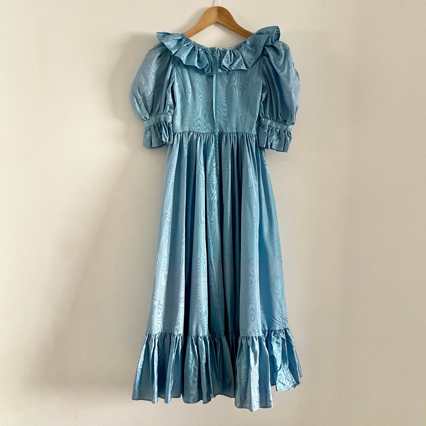 Vintage Blue Handmade Ruffle Blue Cottagecore Metallic Maxi Round Neck Short Sleeve Dress