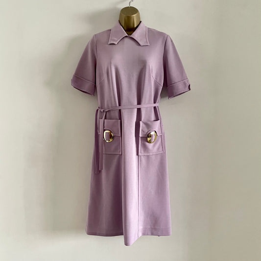 Vintage Purple lilac midi shirt dress with pockets, gold statement buttons, square collar