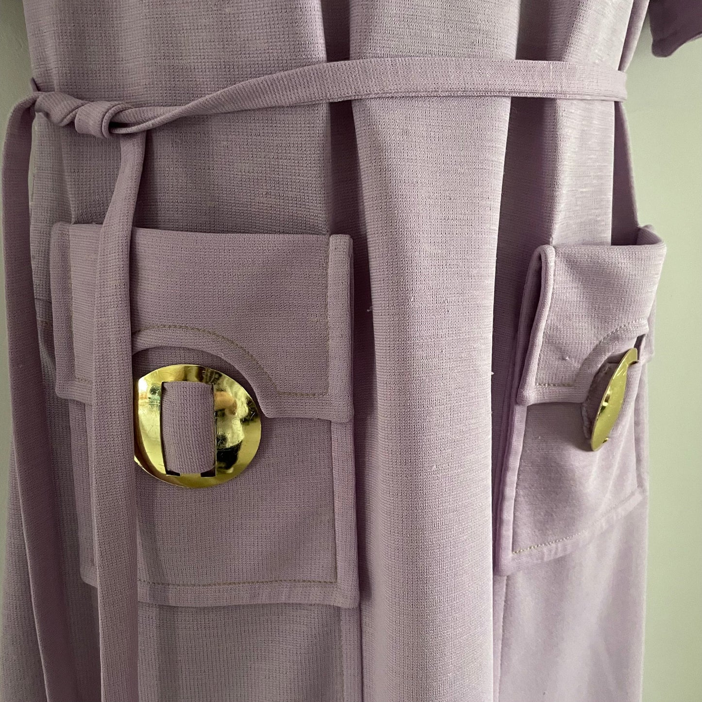 Vintage Purple lilac midi shirt dress with pockets, gold statement buttons, square collar