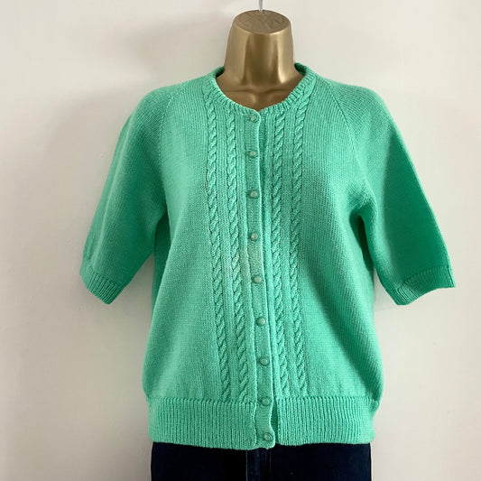 Vintage bright green hand knitted cardigan with short sleeves and round neck