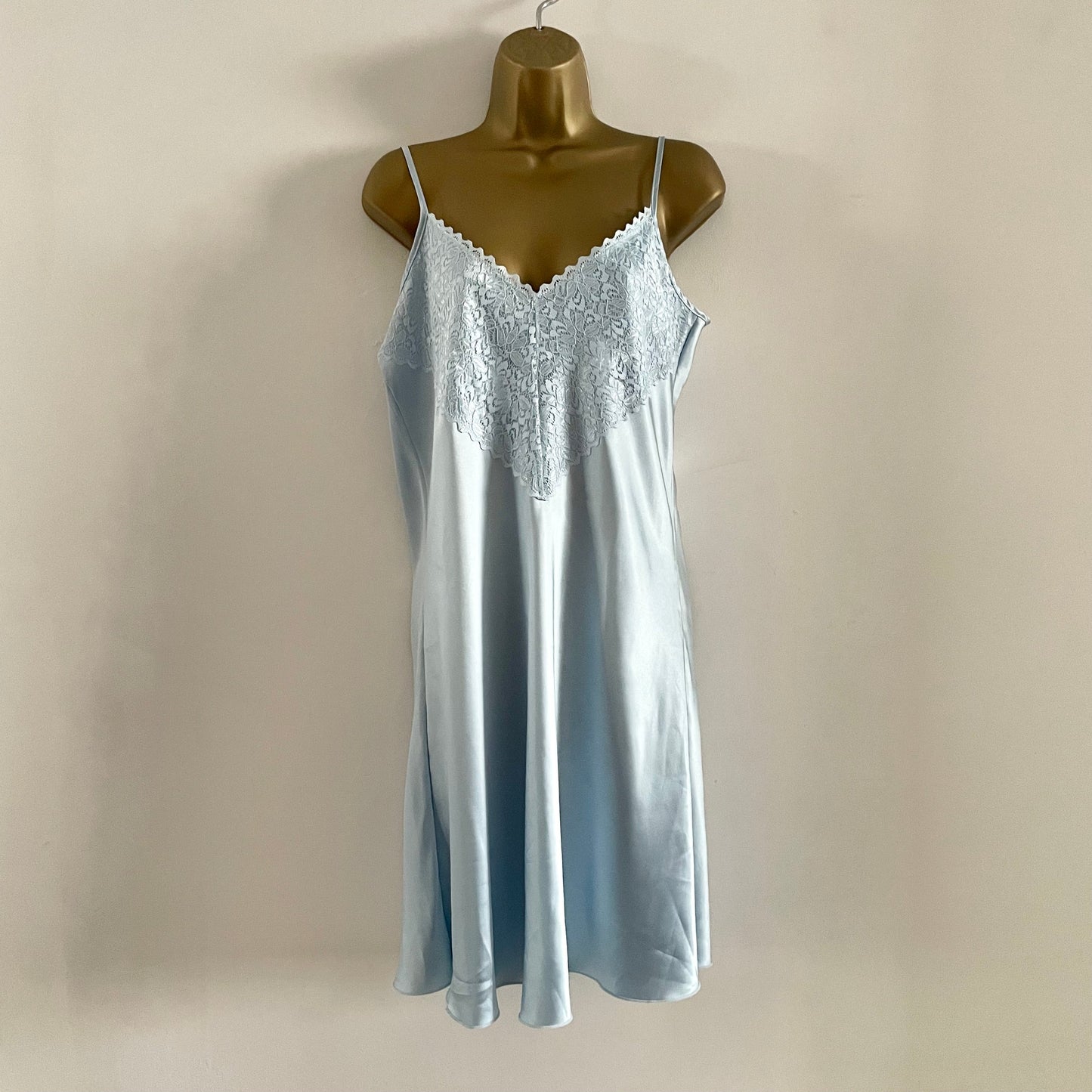 Vintage Baby Blue lace detail front v neck slip dress mini. Made in the UK