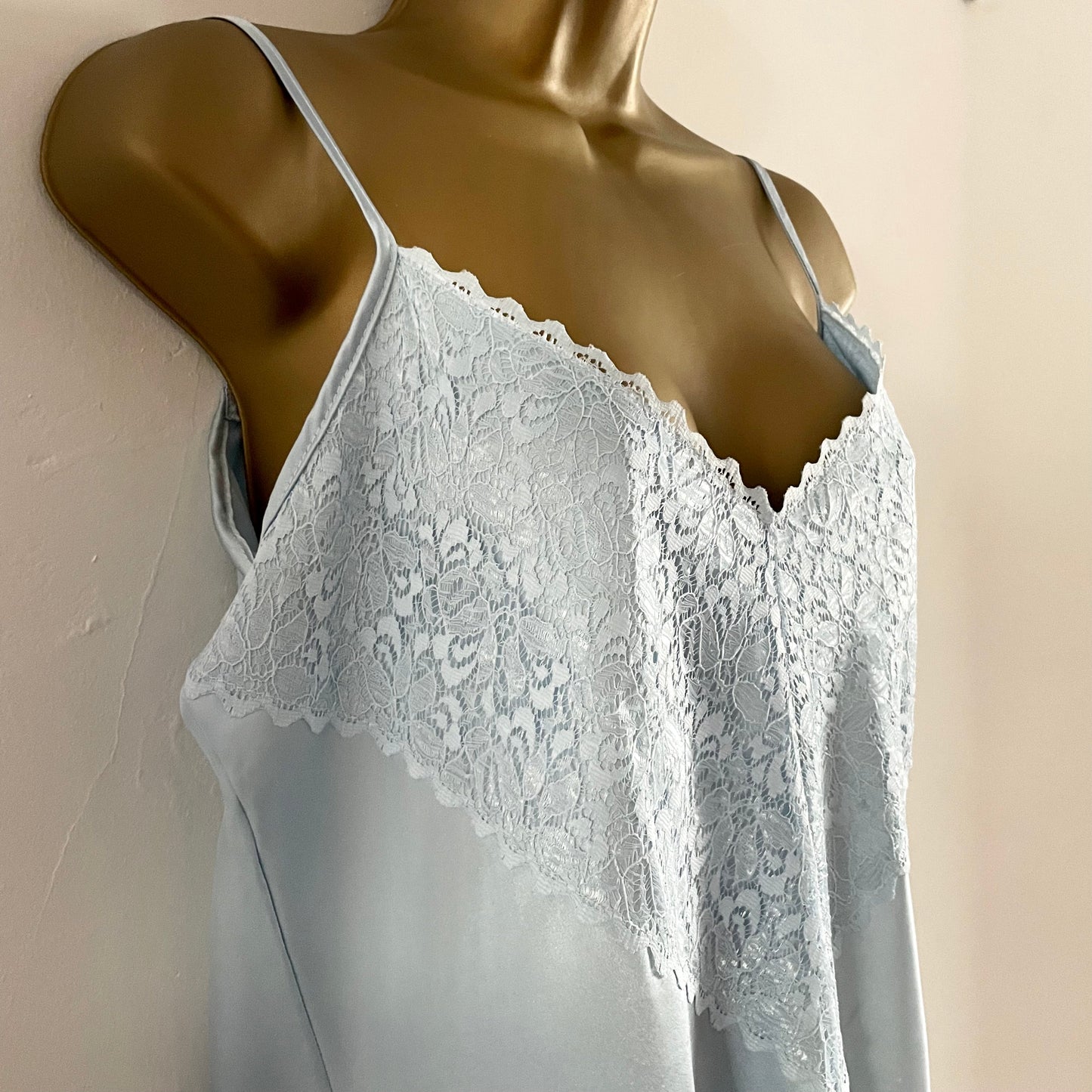 Vintage Baby Blue lace detail front v neck slip dress mini. Made in the UK