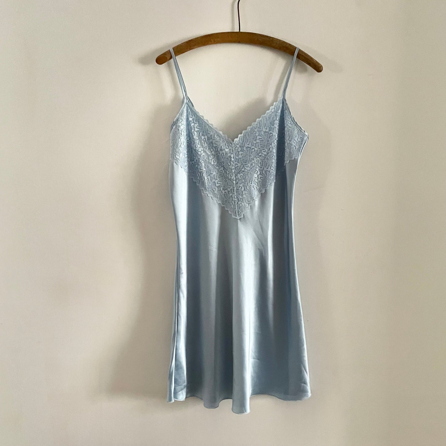 Vintage Baby Blue lace detail front v neck slip dress mini. Made in the UK