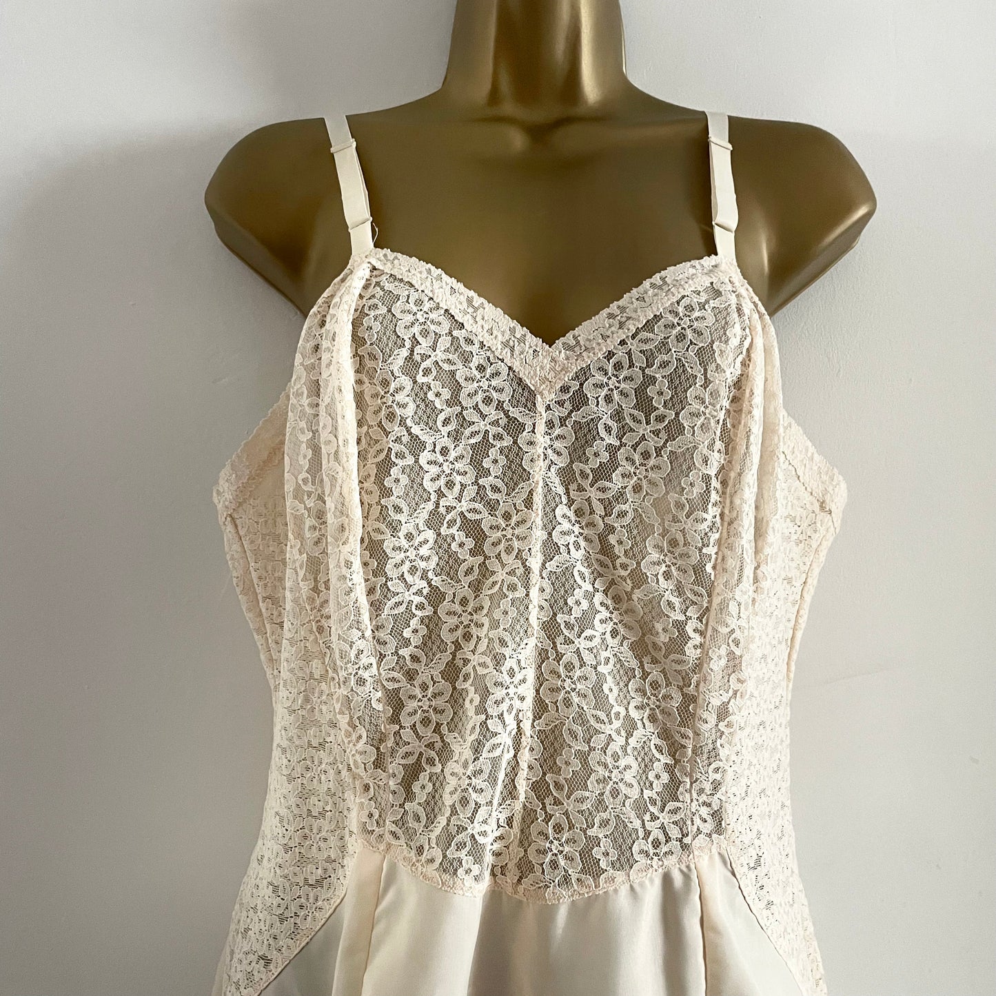 Vintage St. Michael nylon & spandex peach midi lace slip dress. Made in Great Britain, adjustable