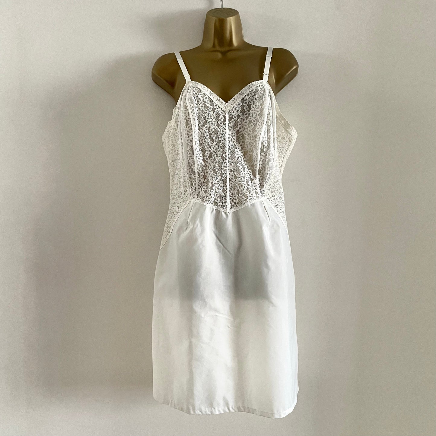 Vintage St. Michael nylon & spandex white midi lace slip dress. Adjustable.