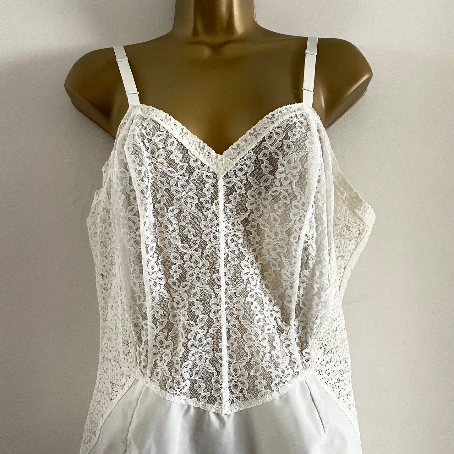 Vintage St. Michael nylon & spandex white midi lace slip dress. Adjustable.