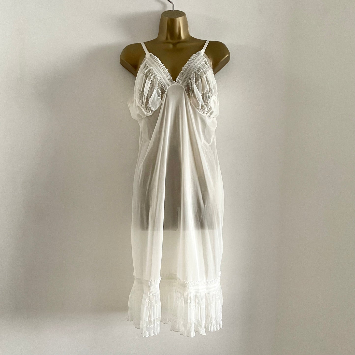 Antique Vintage 1920s white delicate midi slip dress pleated zig-zag lace trim, ruffle, V-neck.