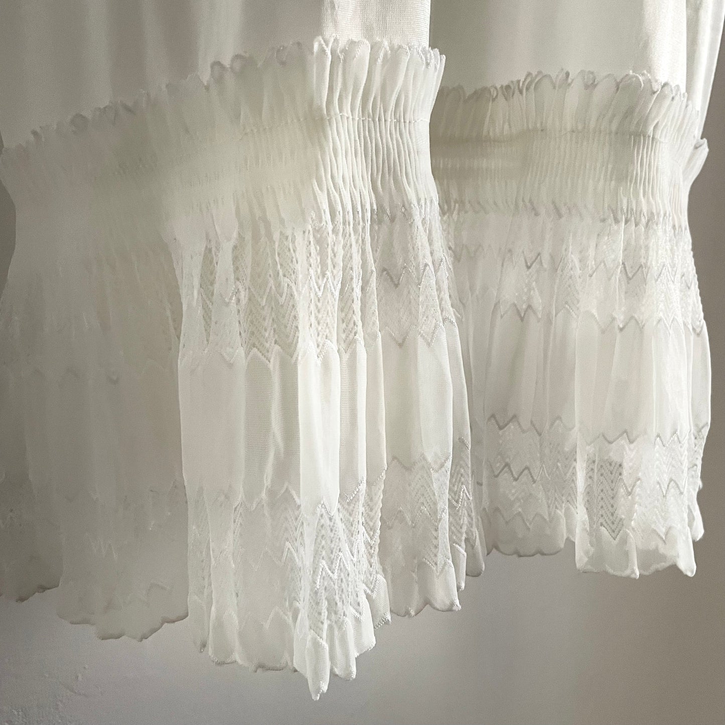 Antique Vintage 1920s white delicate midi slip dress pleated zig-zag lace trim, ruffle, V-neck.