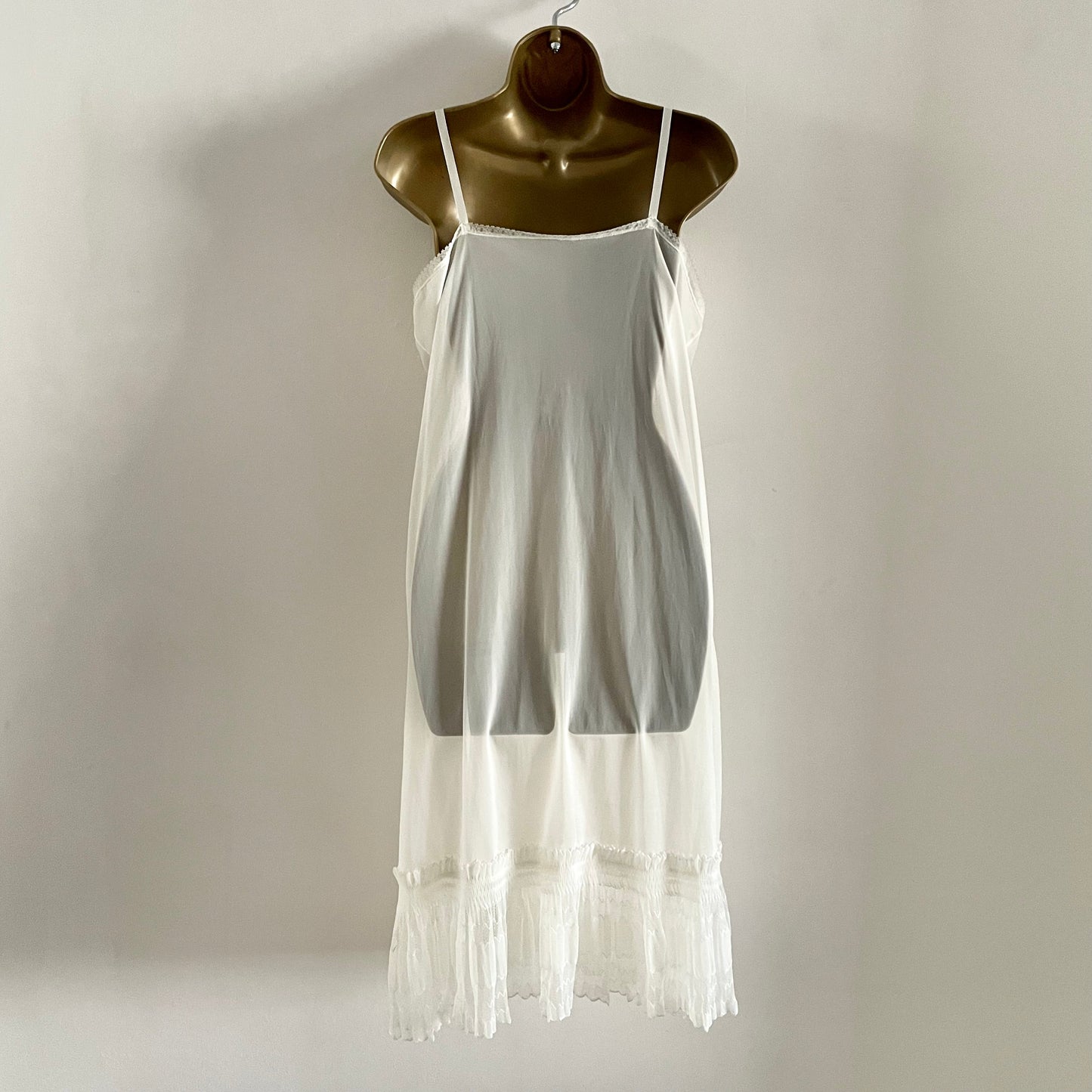 Antique Vintage 1920s white delicate midi slip dress pleated zig-zag lace trim, ruffle, V-neck.