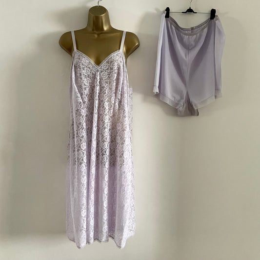 Vintage St. Michael Lingerie sheer purple lilac lace slip dress with pleated trim and matching bloomers.