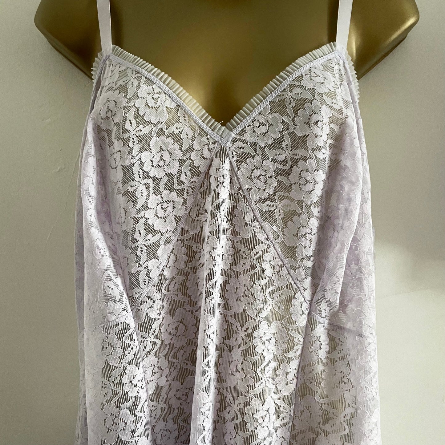 Vintage St. Michael Lingerie sheer purple lilac lace slip dress with pleated trim and matching bloomers.