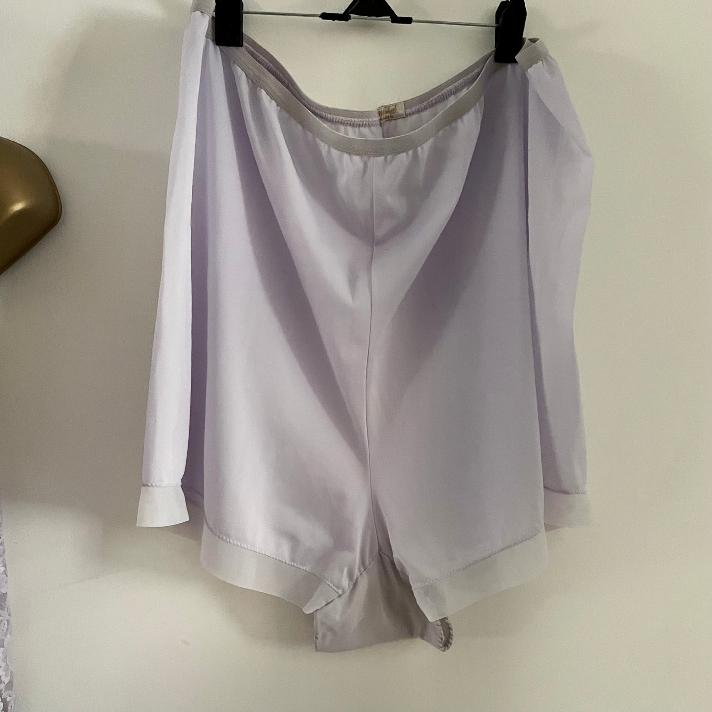 Vintage St. Michael Lingerie sheer purple lilac lace slip dress with pleated trim and matching bloomers.