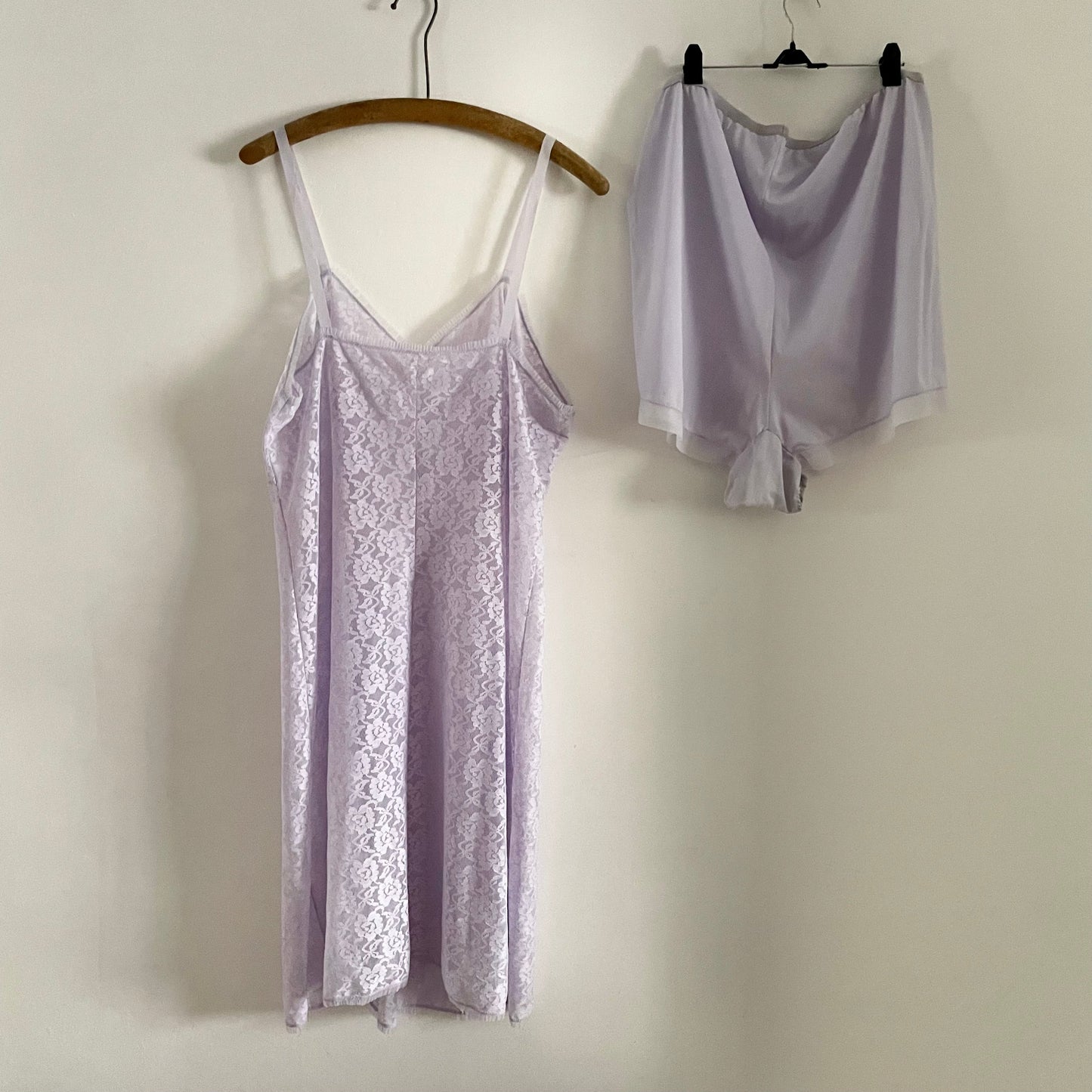 Vintage St. Michael Lingerie sheer purple lilac lace slip dress with pleated trim and matching bloomers.