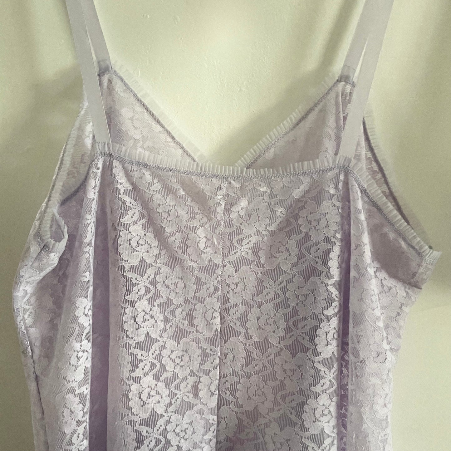 Vintage St. Michael Lingerie sheer purple lilac lace slip dress with pleated trim and matching bloomers.