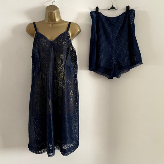 Vintage St. Michael Lingerie sheer navy blue lace slip dress with pleated trim and matching bloomers shorts.