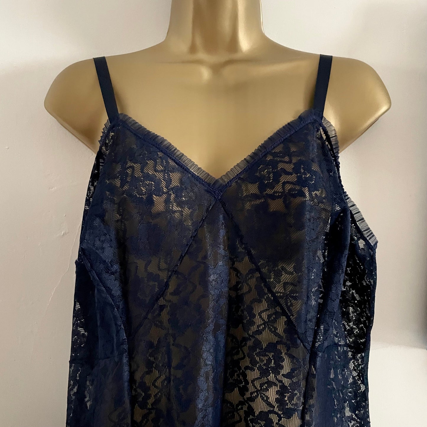 Vintage St. Michael Lingerie sheer navy blue lace slip dress with pleated trim and matching bloomers shorts.