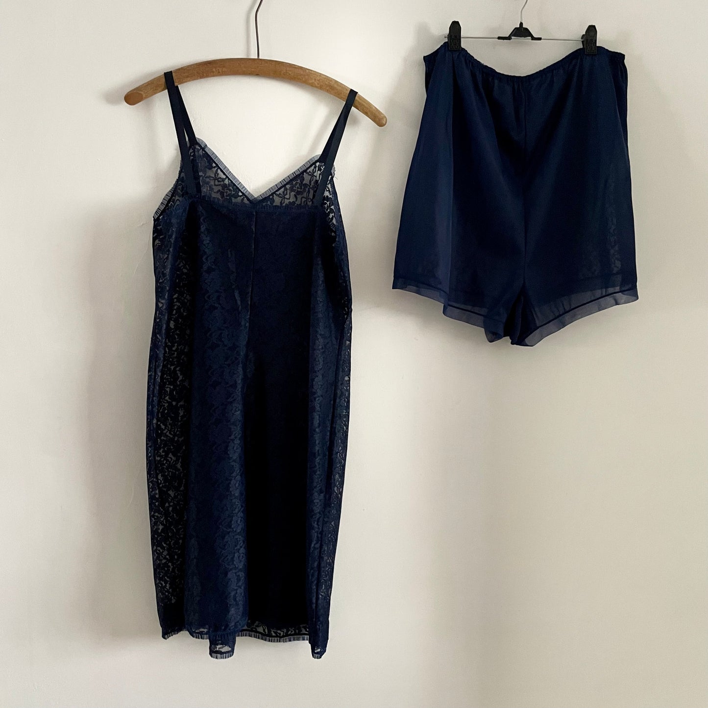 Vintage St. Michael Lingerie sheer navy blue lace slip dress with pleated trim and matching bloomers shorts.