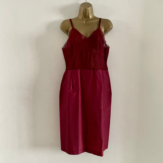 Vintage Burgundy wine red slip dress with lace bust midi. Adjustable straps.