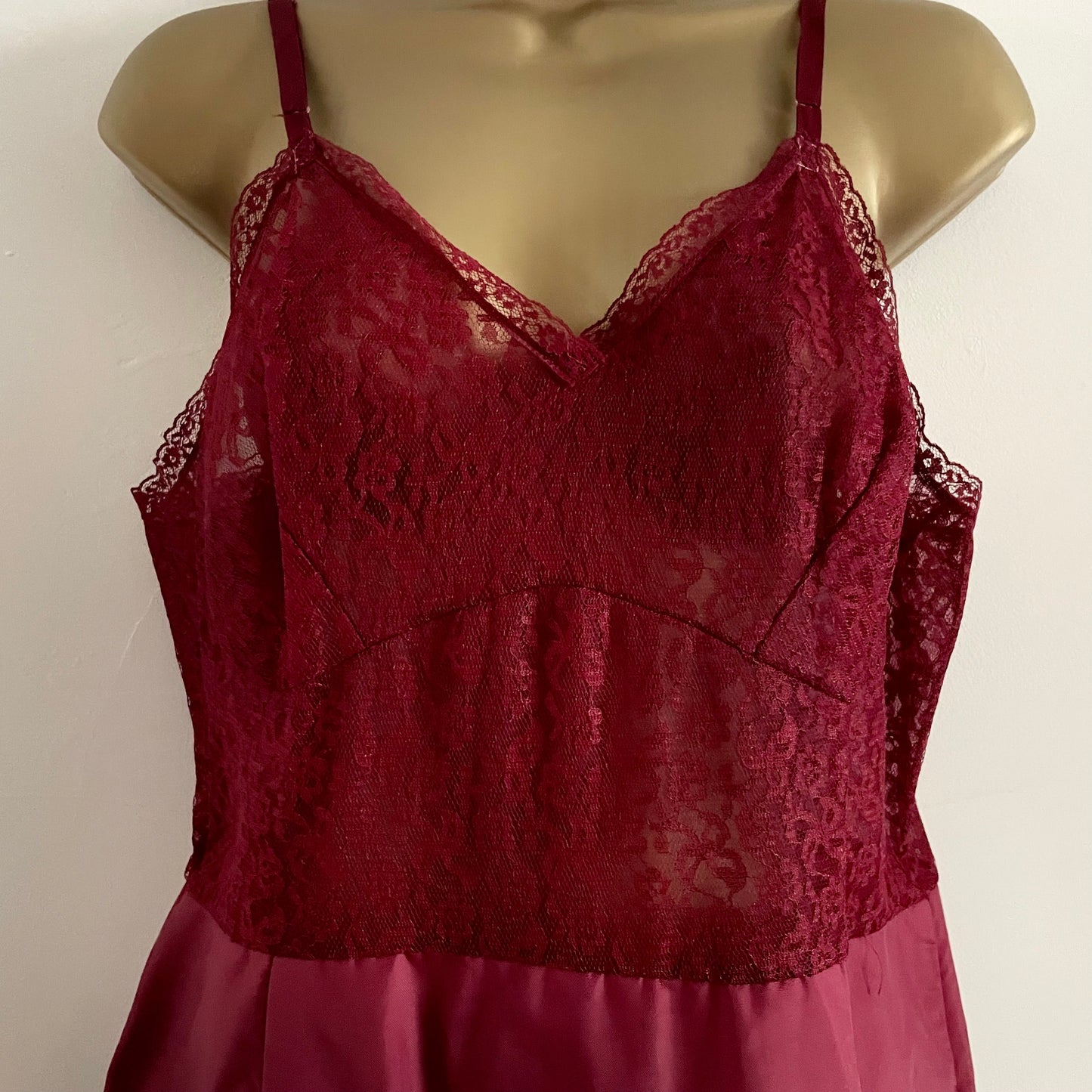 Vintage Burgundy wine red slip dress with lace bust midi. Adjustable straps.