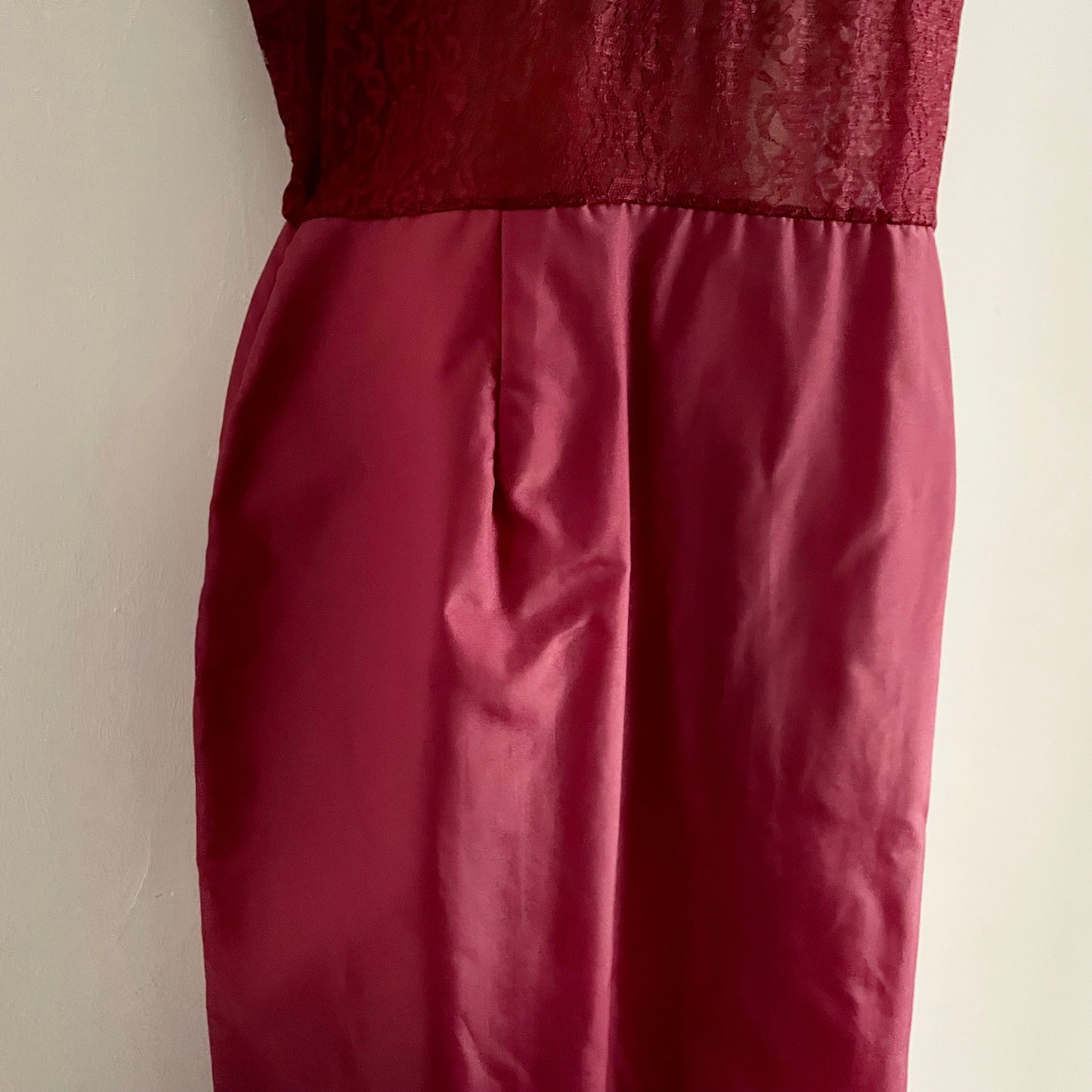 Vintage Burgundy wine red slip dress with lace bust midi. Adjustable straps.