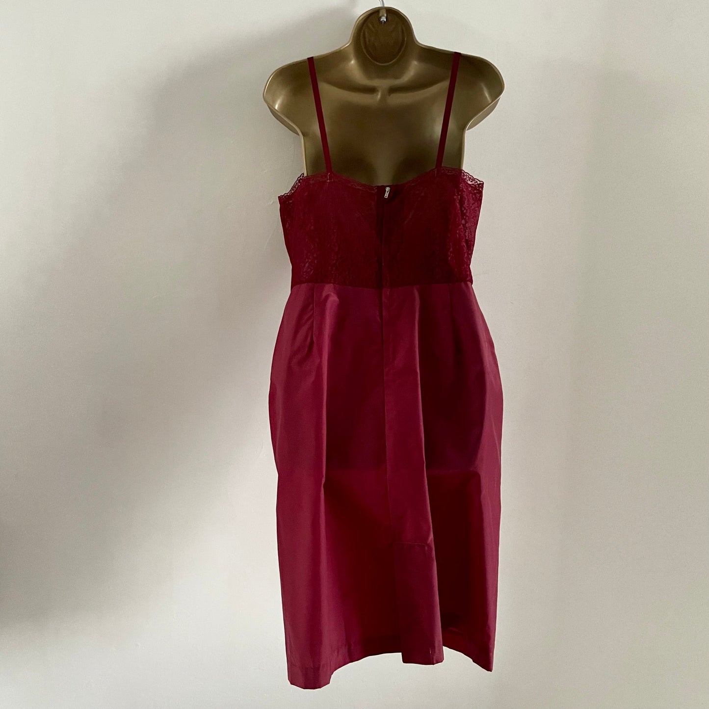 Vintage Burgundy wine red slip dress with lace bust midi. Adjustable straps.