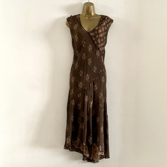 Vintage Nougat London Bias cut brown abstract floral maxi dress