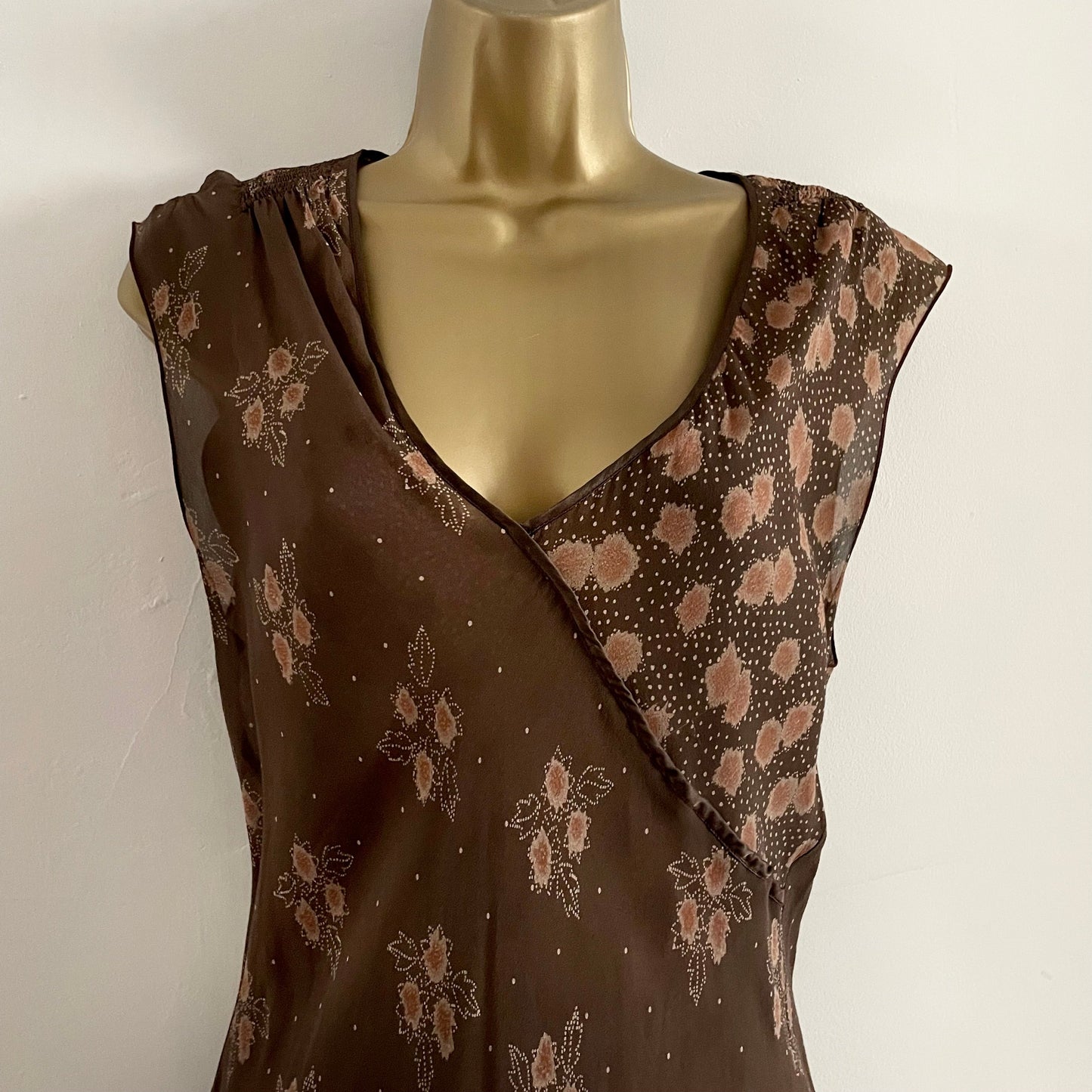 Vintage Nougat London Bias cut brown abstract floral maxi dress