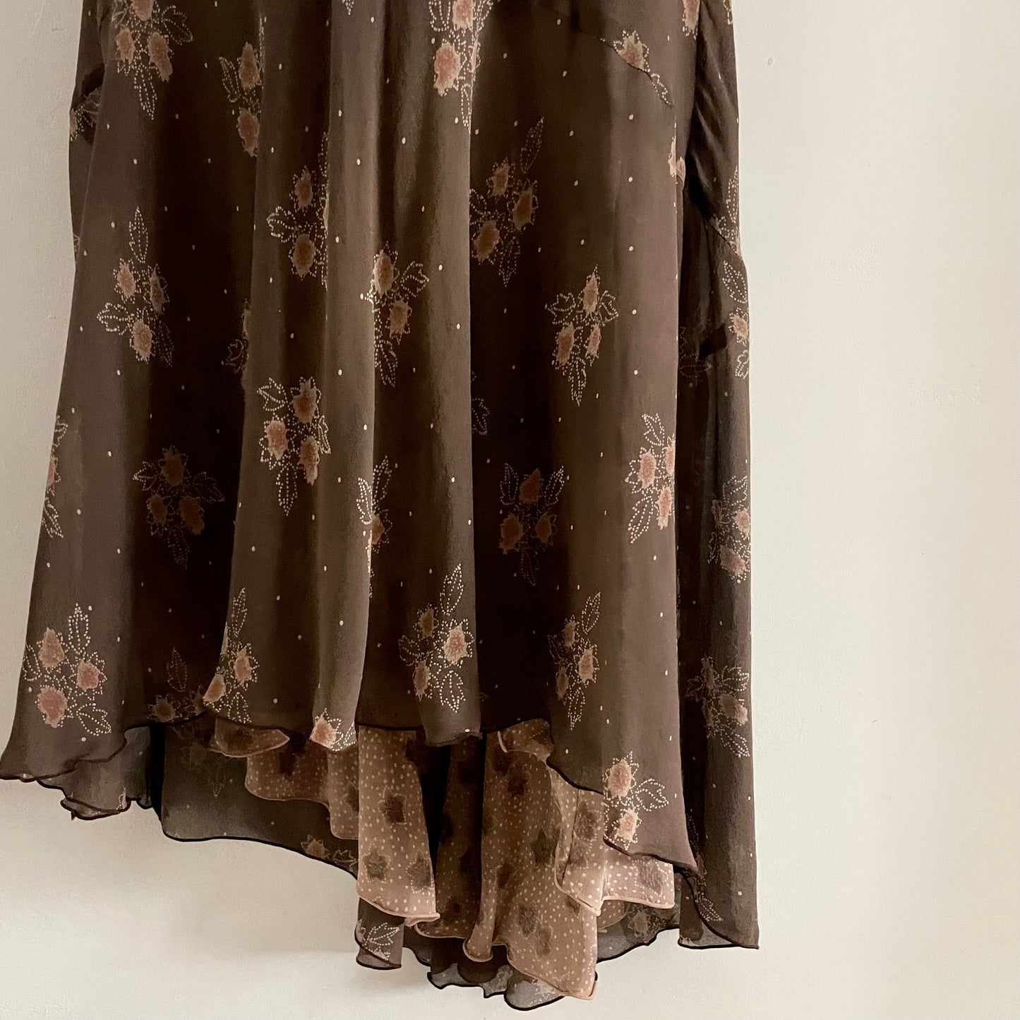 Vintage Nougat London Bias cut brown abstract floral maxi dress