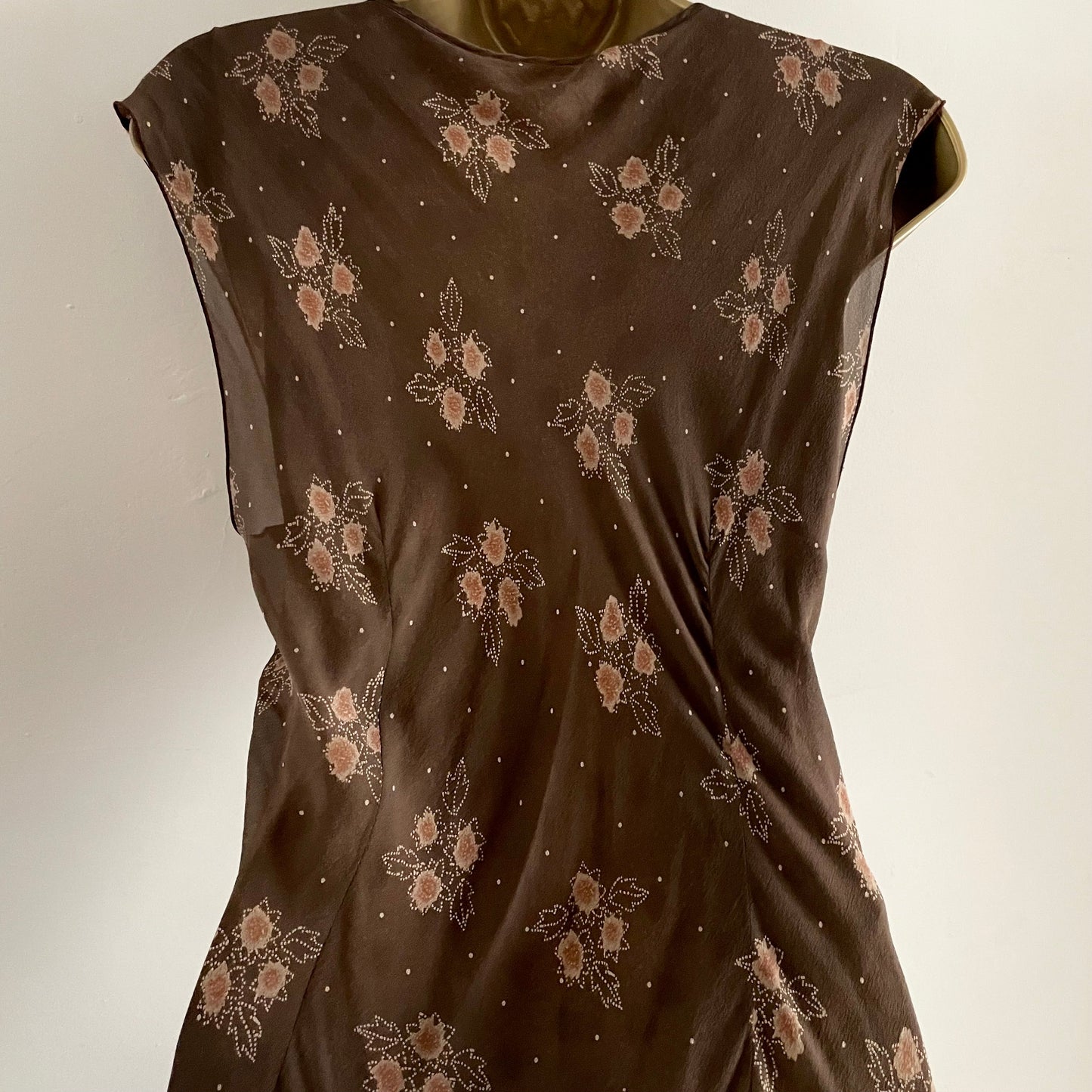 Vintage Nougat London Bias cut brown abstract floral maxi dress