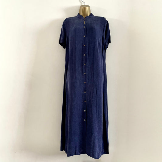 Vintage St Michael Purple Indigo maxi dress with buttons, short sleeves, high neck