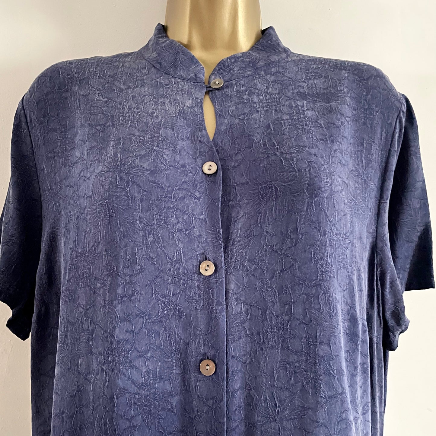 Vintage St Michael Purple Indigo maxi dress with buttons, short sleeves, high neck