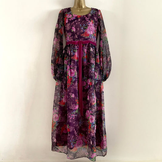 Vintage English Lady Purple floral dress sheer balloon sleeves, velvet ribbon detail