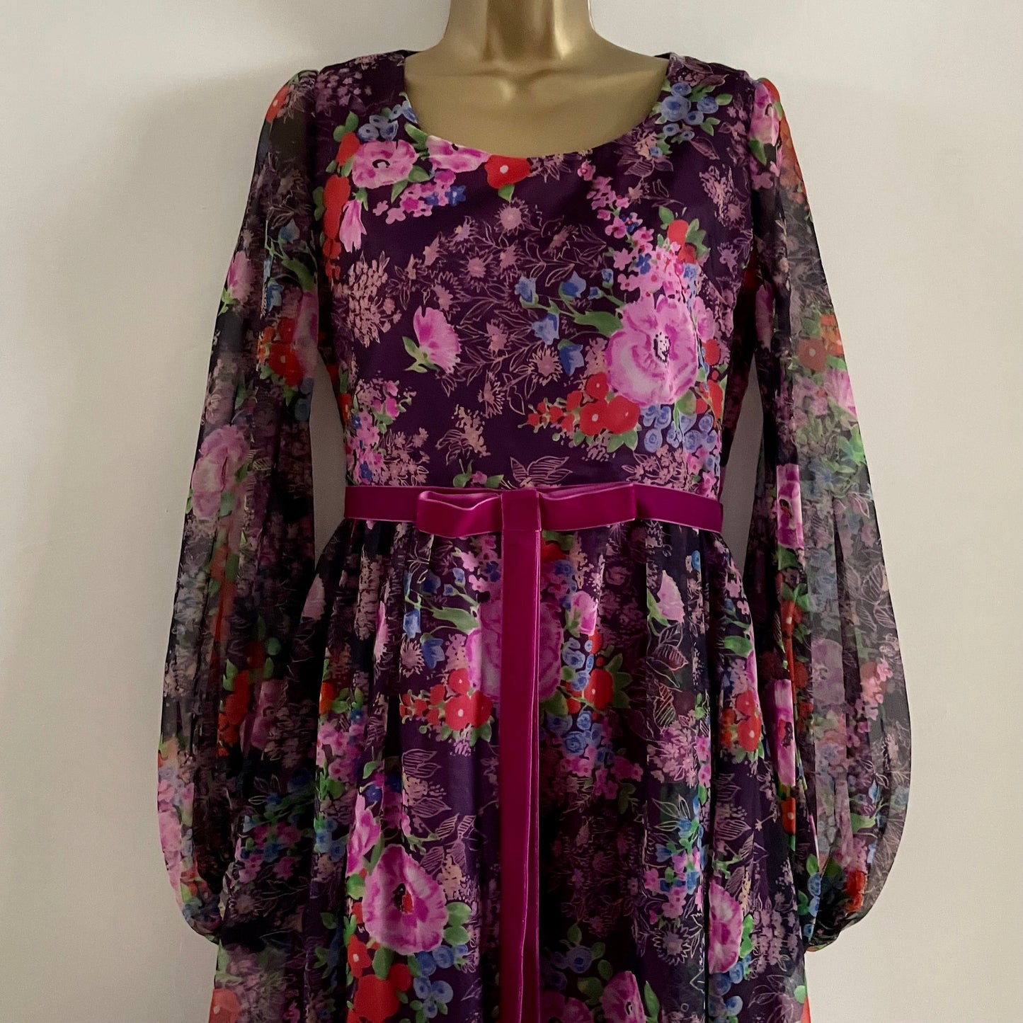 Vintage English Lady Purple floral dress sheer balloon sleeves, velvet ribbon detail