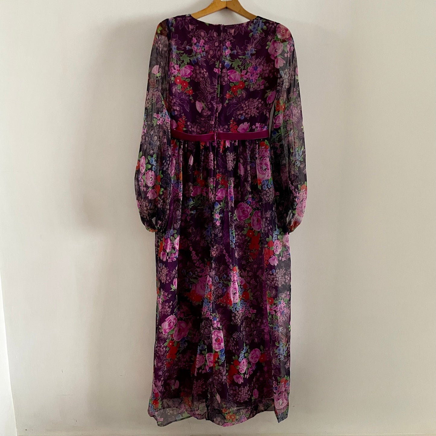 Vintage English Lady Purple floral dress sheer balloon sleeves, velvet ribbon detail