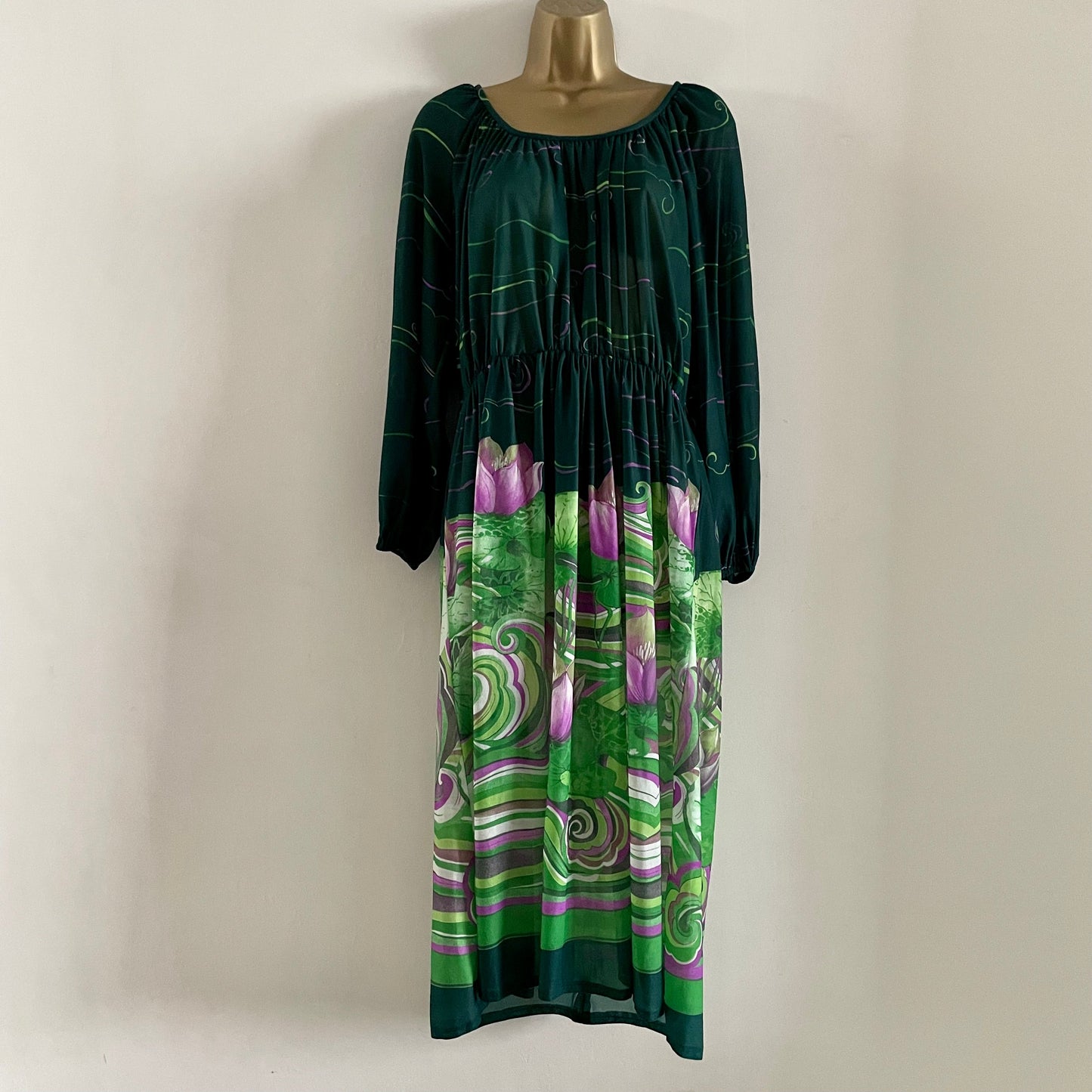 Vintage Elida Made in England Purple and Green balloon sleeve sheer maxi dress with water lilies floral design